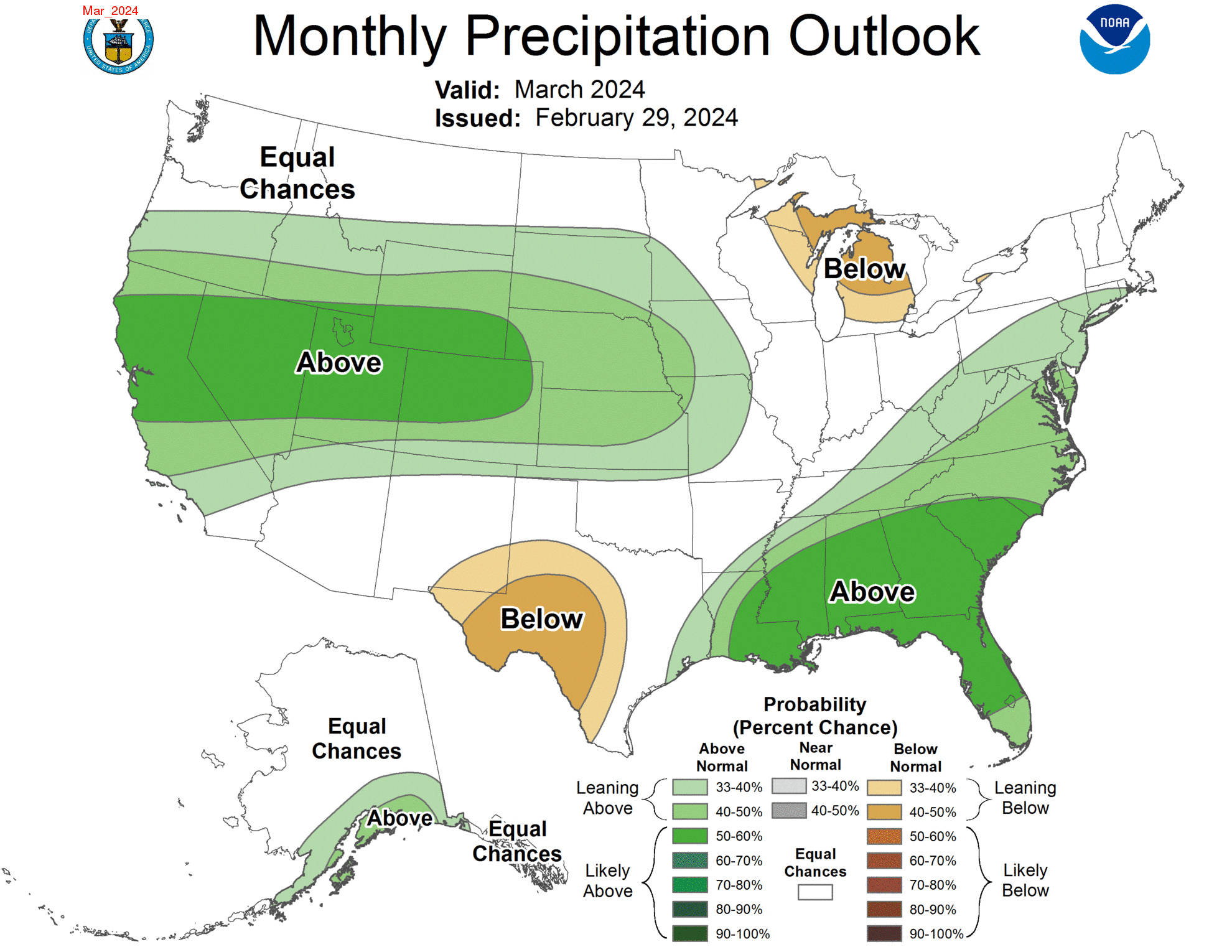The U.S. precipitation outlook for March 2024. Map by NOAA Climate.gov, based on data from the Climate Prediction Center. From: https://www.climate.gov/news-features/understanding-climate/us-climate-outlook-march-2024 