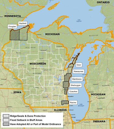 Wisconsin counties with coastal setback regulations (ASFPM Flood Science Center, 2023)