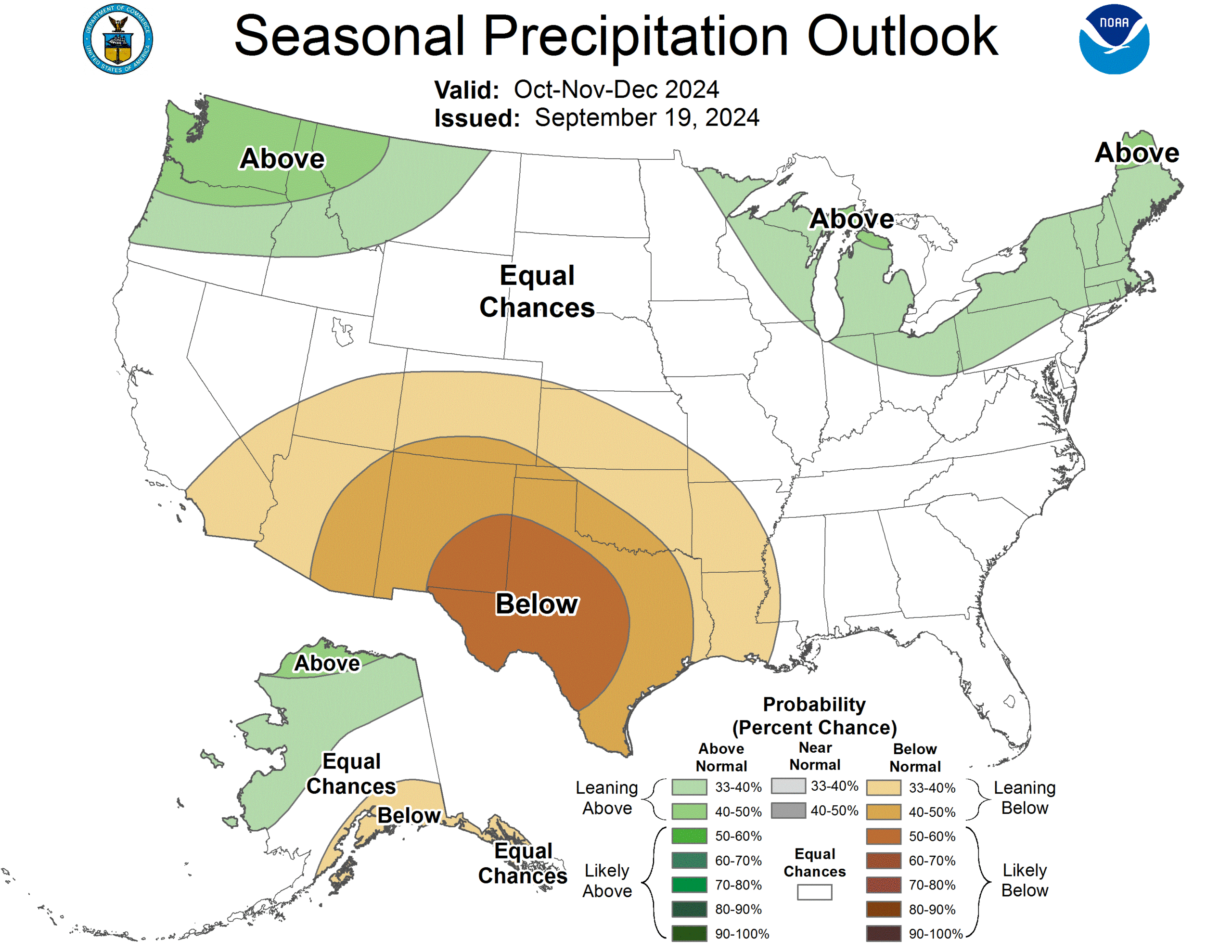 Map of precipitation outlook for October-December for US, showing a slight chance for above normal precipitation in Wisconsin and the Great Lakes region