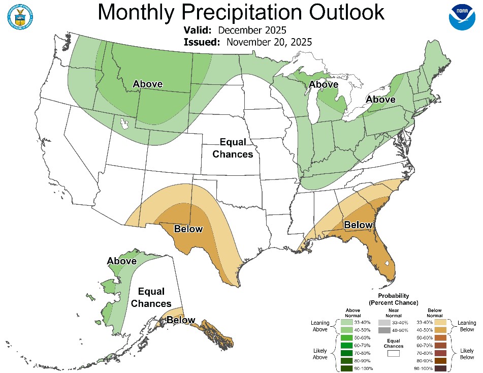A December 2025 precipitation outlook map for the United States shows a higher chance for above average precipitation in northern parts of the U.S. and higher chances for below average precipitation in some southern areas of the U.S.