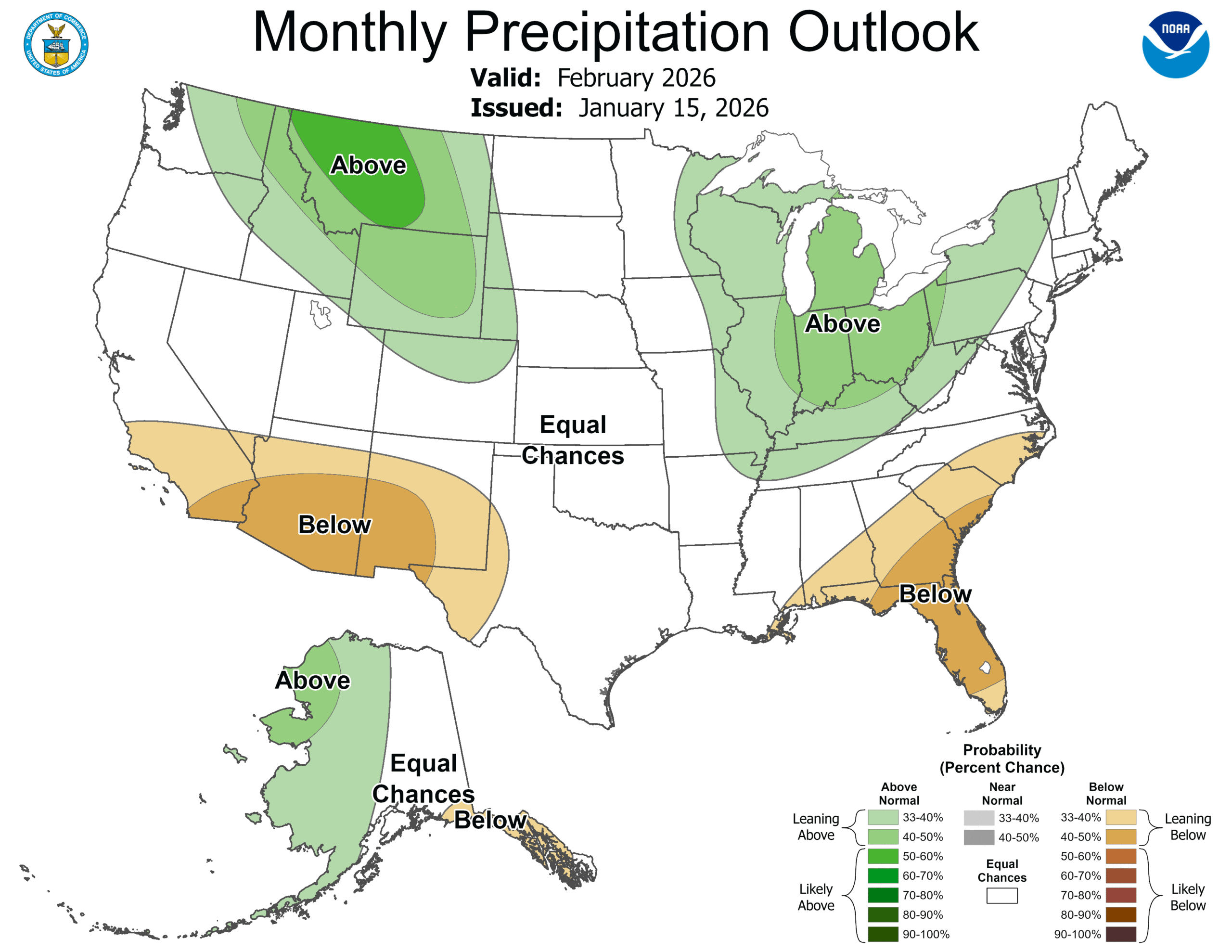 Map of the United States showing the likelihood of above or below average levels of precipitation in February 2026.