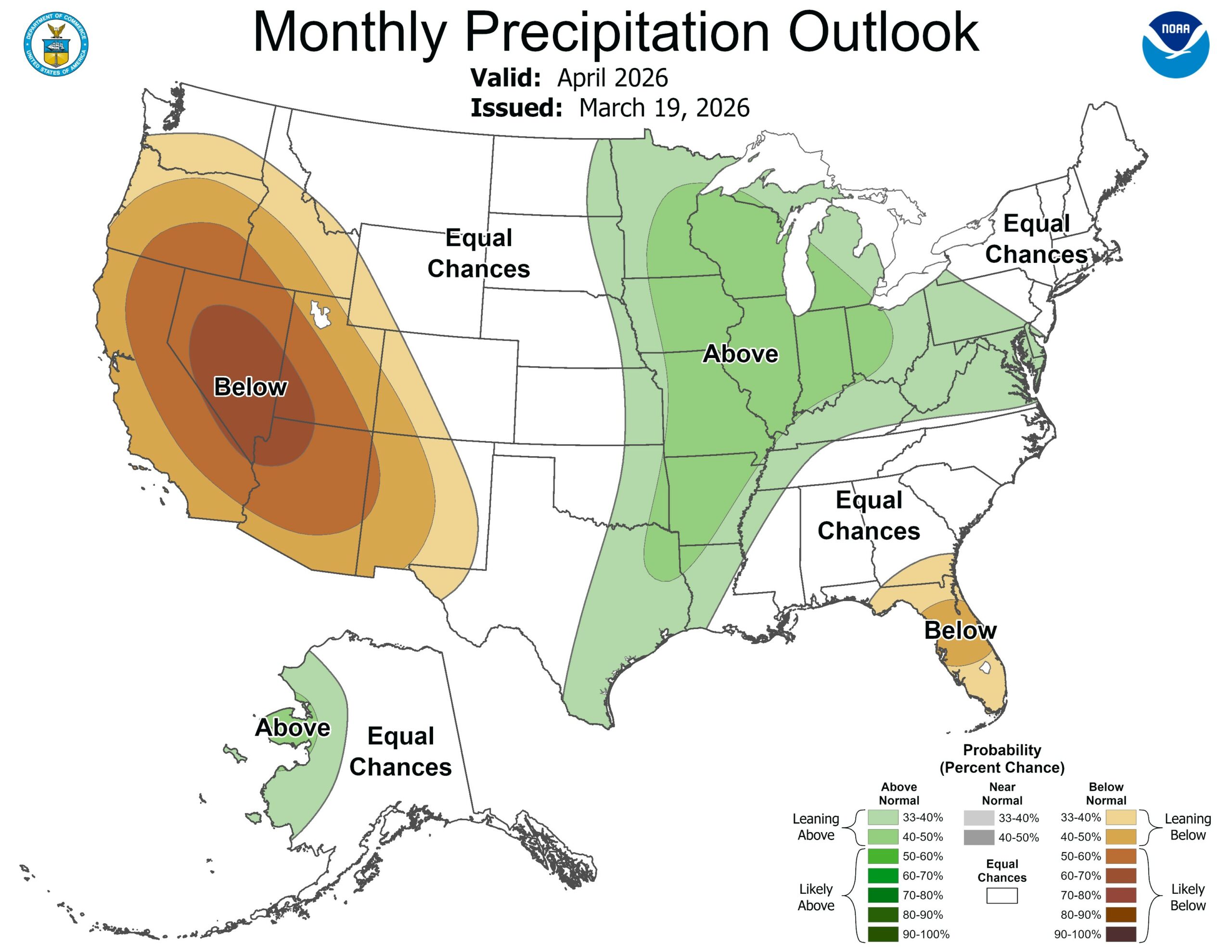 Map of the United States showing the likelihood of above or below average levels of precipitation in April 2026.