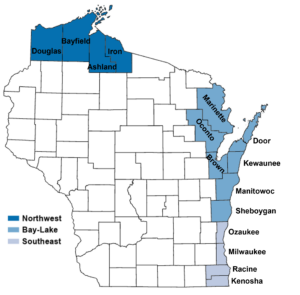 Map of the coastal areas in Wisconsin's Regional Planning Commission Service Areas