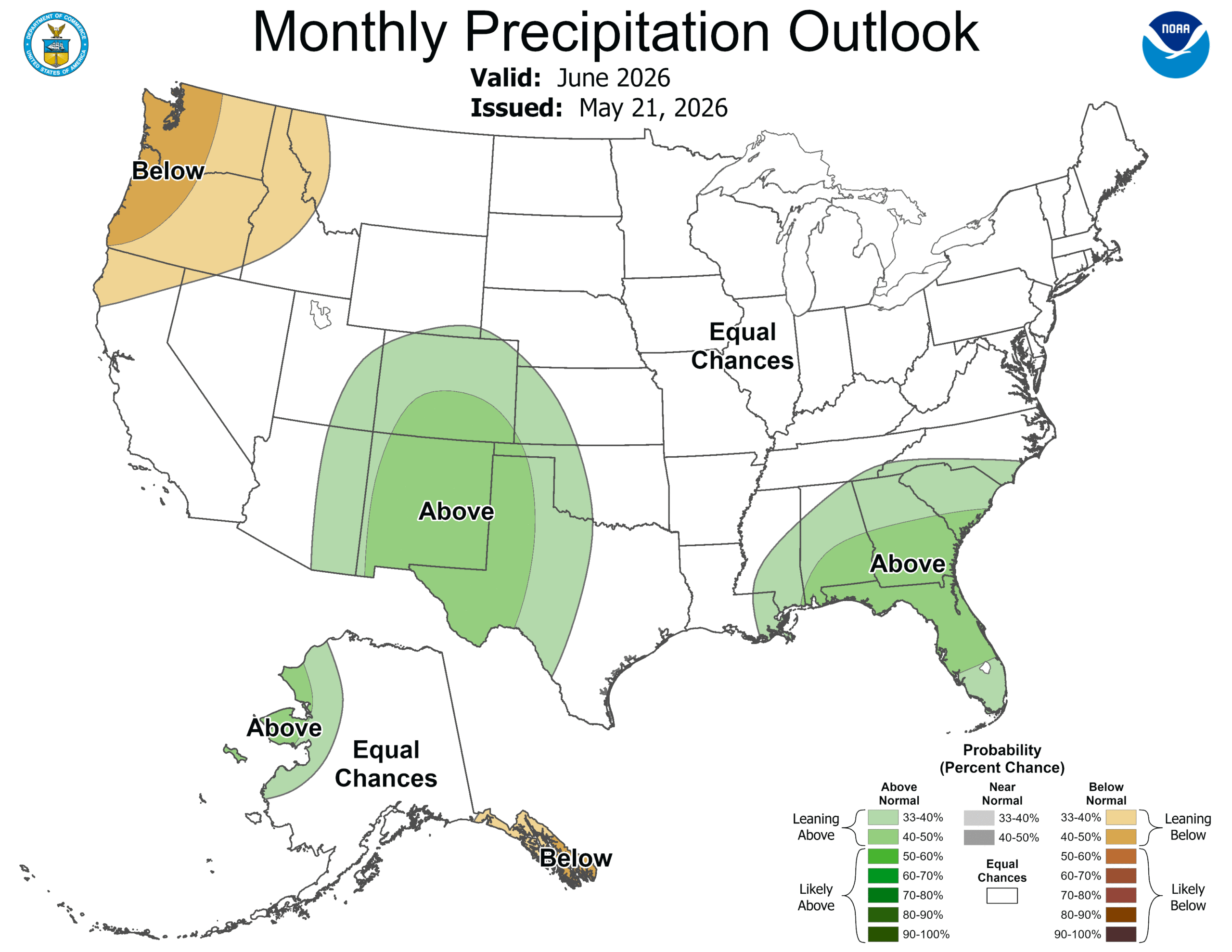Map of the United States showing the likelihood of above or below average levels of precipitation in June 2026.