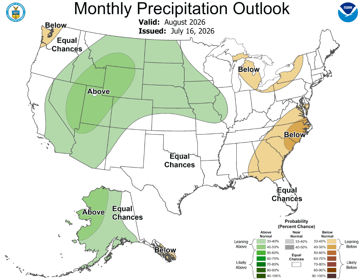 Map of the United States showing the likelihood of above or below average levels of precipitation in August 2026.